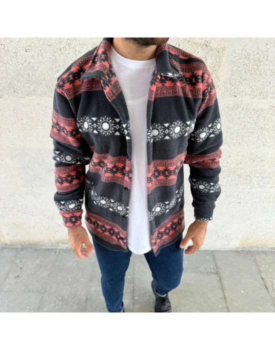 Erkek Desenli Polar Gömlek Etnik Şerit Desen Yakalı Uzun Kollu Düğmeli Oversize - Füme