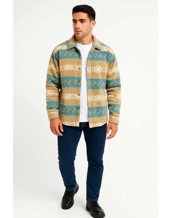 Erkek Desenli Polar Gömlek Etnik Şerit Desen Yakalı Uzun Kollu Düğmeli Oversize - Sarı