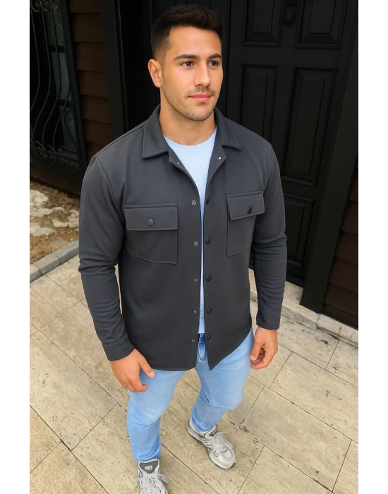 Erkek Diagonal Kumaş Cepli Çıtçıtlı uzun Kollu, Gömlek Oversize Rahat Kalıp Günlük Şık Stil - Füme