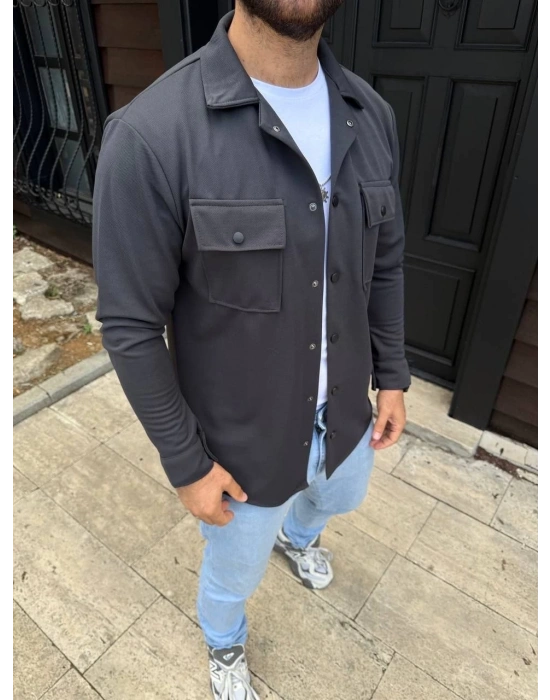 Erkek Diagonal Kumaş Cepli Çıtçıtlı uzun Kollu, Gömlek Oversize Rahat Kalıp Günlük Şık Stil - Füme