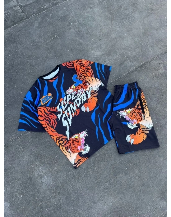 Erkek Dijital Baskılı Şortlu Takım - Mavi