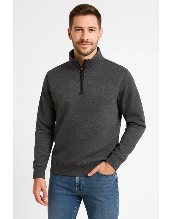 Erkek Dik Yaka Sweatshirt Dik Yaka Yarım Fermuarlı 3 İplik Şardonlu Pamuk Kumaş - Antrasit