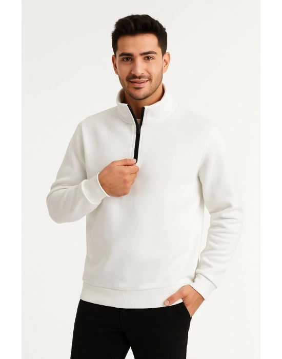 Erkek Dik Yaka Sweatshirt Dik Yaka Yarım Fermuarlı 3 İplik Şardonlu Pamuk Kumaş - Beyaz