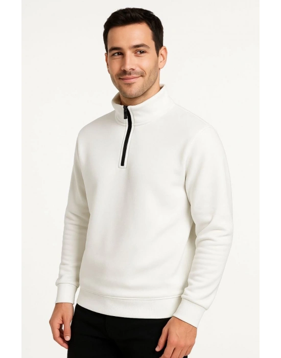 Erkek Dik Yaka Sweatshirt Dik Yaka Yarım Fermuarlı 3 İplik Şardonlu Pamuk Kumaş - Beyaz