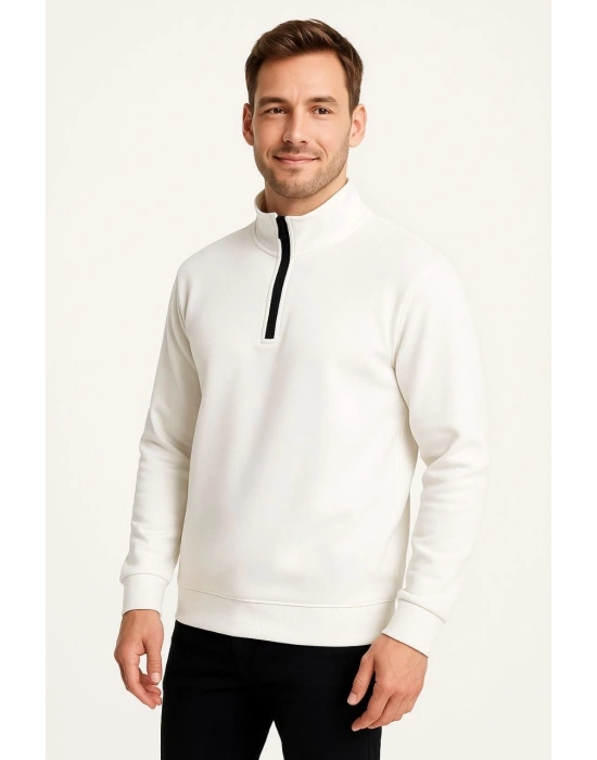Erkek Dik Yaka Sweatshirt Dik Yaka Yarım Fermuarlı 3 İplik Şardonlu Pamuk Kumaş - Beyaz