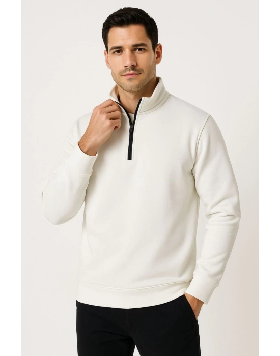 Erkek Dik Yaka Sweatshirt Dik Yaka Yarım Fermuarlı 3 İplik Şardonlu Pamuk Kumaş - Beyaz