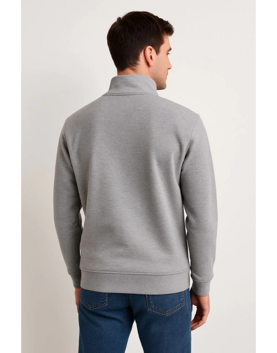 Erkek Dik Yaka Sweatshirt Dik Yaka Yarım Fermuarlı 3 İplik Şardonlu Pamuk Kumaş - Gri