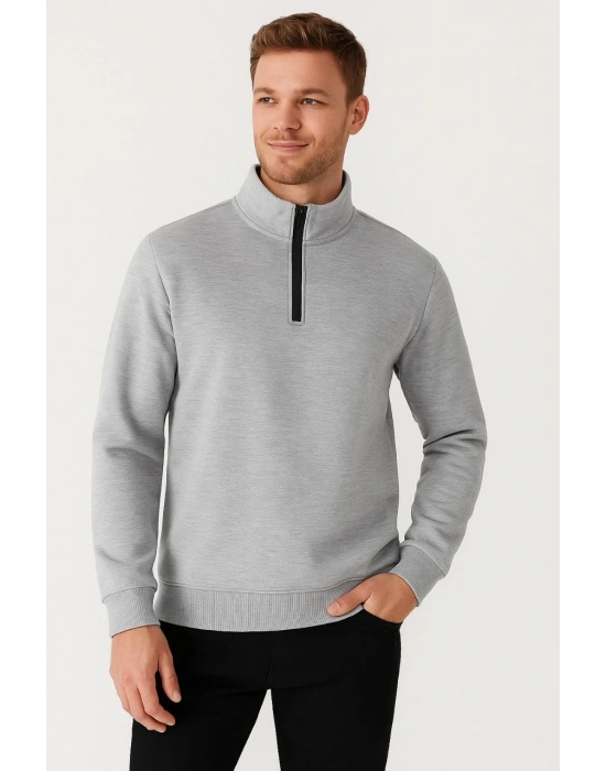 Erkek Dik Yaka Sweatshirt Dik Yaka Yarım Fermuarlı 3 İplik Şardonlu Pamuk Kumaş - Gri