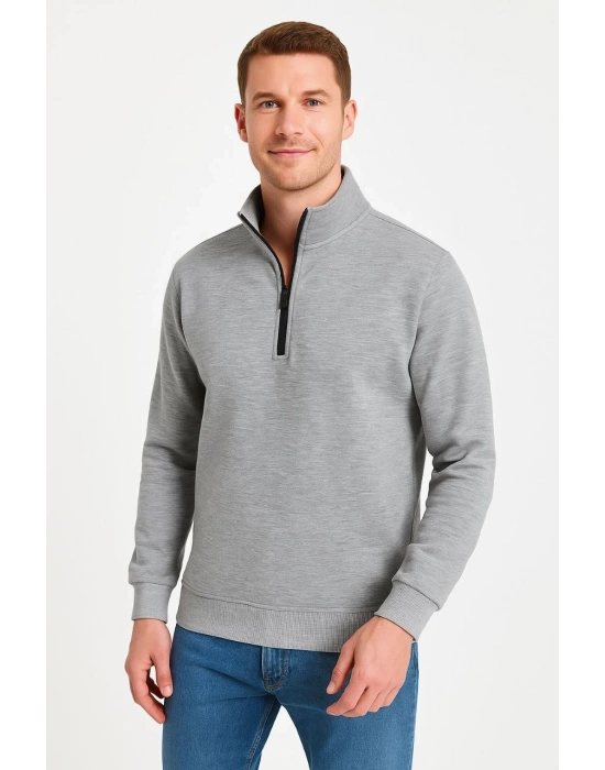 Erkek Dik Yaka Sweatshirt Dik Yaka Yarım Fermuarlı 3 İplik Şardonlu Pamuk Kumaş - Gri