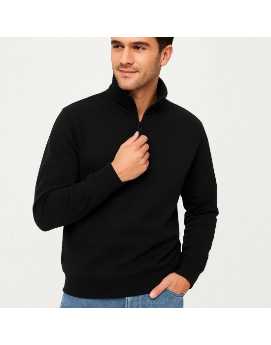 Erkek Dik Yaka Sweatshirt Dik Yaka Yarım Fermuarlı 3 İplik Şardonlu Pamuk Kumaş - Siyah