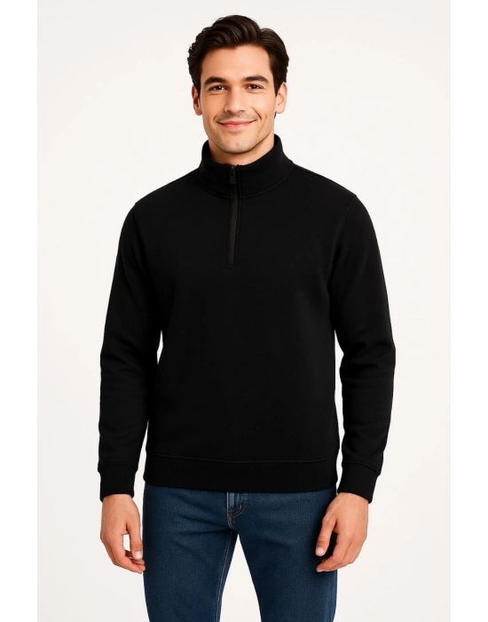 Erkek Dik Yaka Sweatshirt Dik Yaka Yarım Fermuarlı 3 İplik Şardonlu Pamuk Kumaş - Siyah