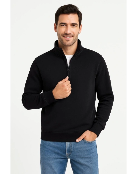 Erkek Dik Yaka Sweatshirt Dik Yaka Yarım Fermuarlı 3 İplik Şardonlu Pamuk Kumaş - Siyah