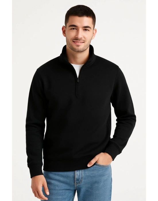 Erkek Dik Yaka Sweatshirt Dik Yaka Yarım Fermuarlı 3 İplik Şardonlu Pamuk Kumaş - Siyah