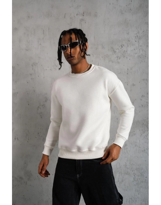 Erkek Düz Bisiklet Yaka Sweat - Beyaz