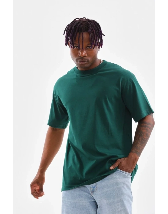 erkek  Düz Bisiklet Yaka T-Shirt - Koyu Yeşili