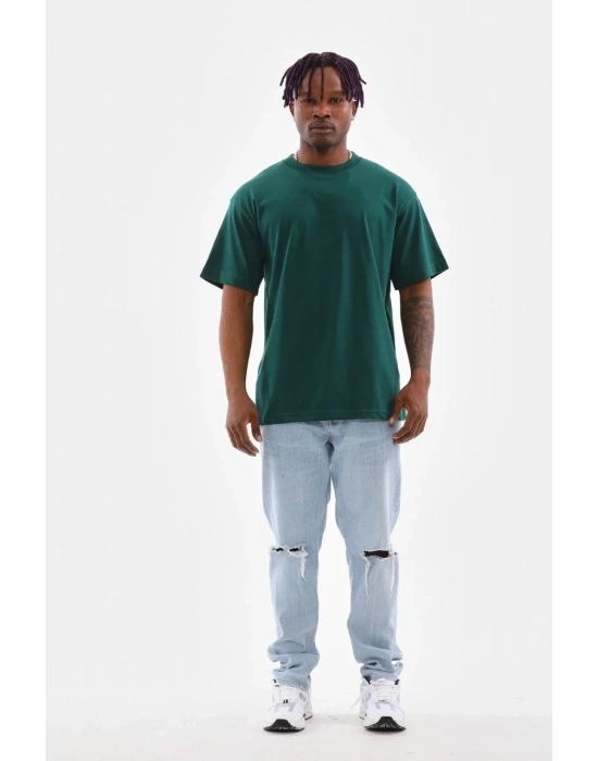 erkek  Düz Bisiklet Yaka T-Shirt - Koyu Yeşili