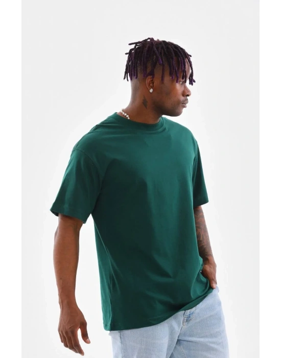 erkek  Düz Bisiklet Yaka T-Shirt - Koyu Yeşili