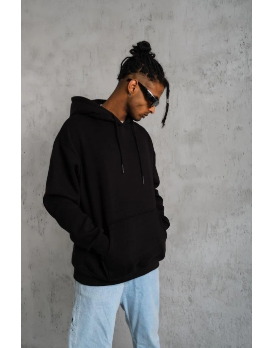 Erkek Düz Kapüşonlu Sweat - Siyah