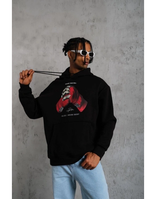 Erkek Eldiven Baskılı Kapüşonlu Sweat - Siyah