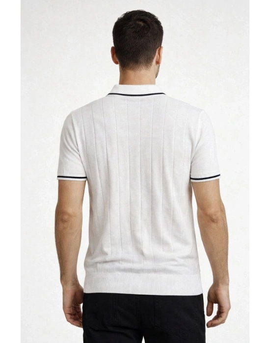 Erkek Fermuarlı Yaka Fitilli Triko Kısa Kollu Regular Fit Tişört - Beyaz