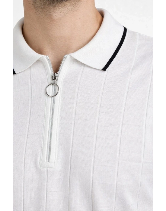 Erkek Fermuarlı Yaka Fitilli Triko Kısa Kollu Regular Fit Tişört - Beyaz