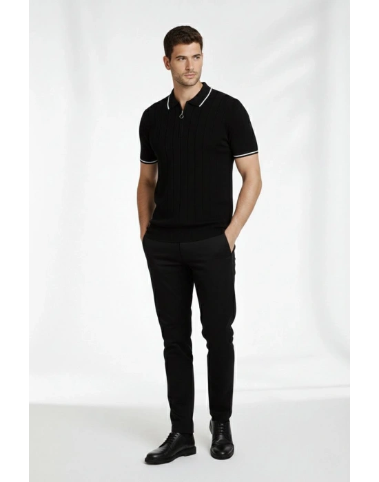 Erkek Fermuarlı Yaka Fitilli Triko Kısa Kollu Regular Fit Tişört T-shirt - Siyah