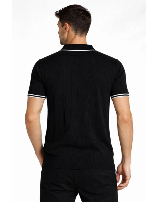 Erkek Fermuarlı Yaka Fitilli Triko Kısa Kollu Regular Fit Tişört T-shirt - Siyah