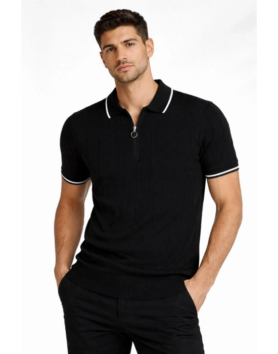 Erkek Fermuarlı Yaka Fitilli Triko Kısa Kollu Regular Fit Tişört T-shirt - Siyah