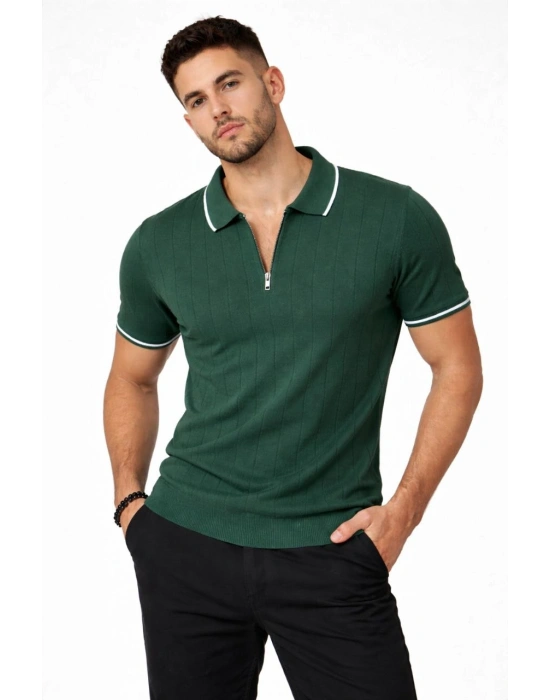 Erkek Fermuarlı Yaka Fitilli Triko Kısa Kollu Regular Fit Tişört T-shirt - Yeşil