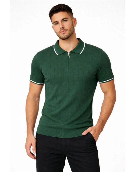 Erkek Fermuarlı Yaka Fitilli Triko Kısa Kollu Regular Fit Tişört T-shirt - Yeşil