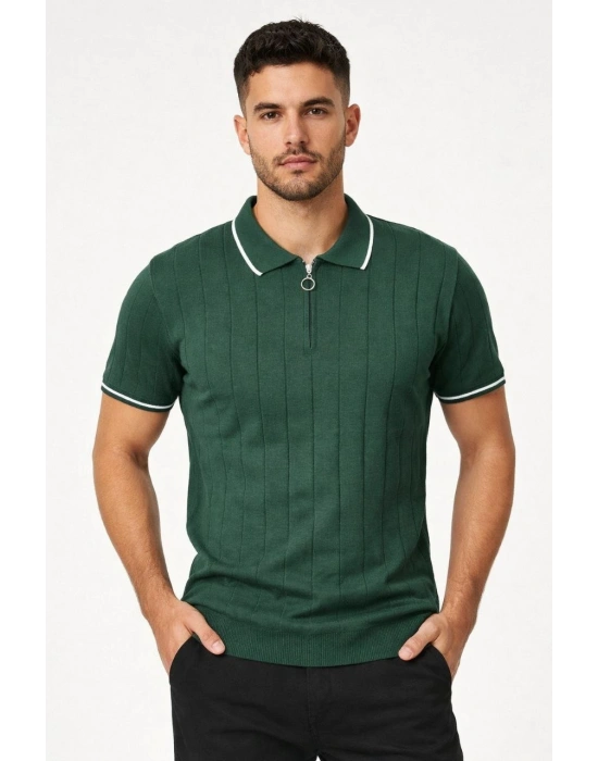 Erkek Fermuarlı Yaka Fitilli Triko Kısa Kollu Regular Fit Tişört T-shirt - Yeşil