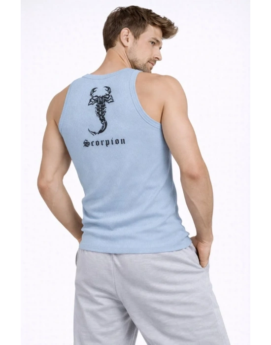 Erkek Fitilli Atlet Sıfır Yaka Slim Fit Arka Baskılı Spor Atlet - Bebe Mavisi