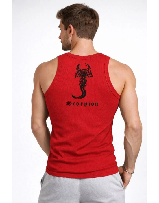 Erkek Fitilli Atlet Sıfır Yaka Slim Fit Arka Baskılı Spor Atlet - Kırmızı