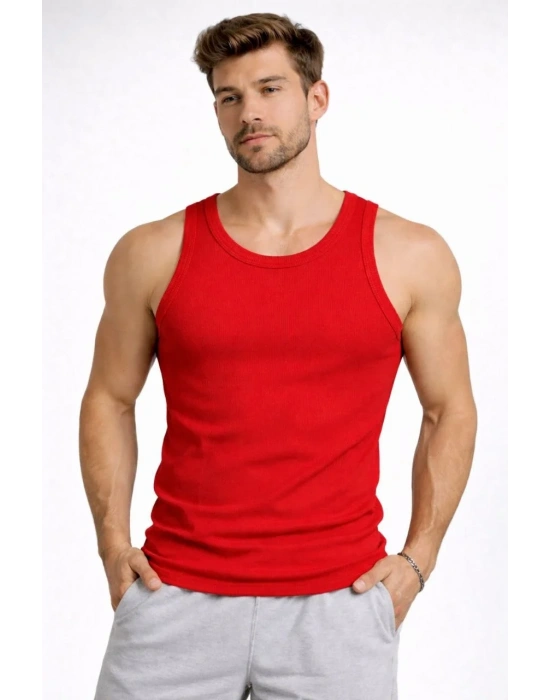 Erkek Fitilli Atlet Sıfır Yaka Slim Fit Arka Baskılı Spor Atlet - Kırmızı