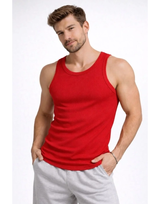 Erkek Fitilli Atlet Sıfır Yaka Slim Fit Arka Baskılı Spor Atlet - Kırmızı