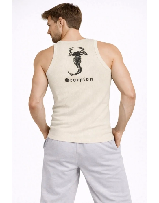 Erkek Fitilli Atlet Sıfır Yaka Slim Fit Arka Baskılı Spor Atlet - Krem