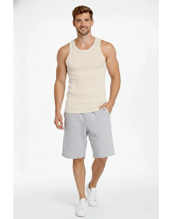 Erkek Fitilli Atlet Sıfır Yaka Slim Fit Arka Baskılı Spor Atlet - Krem