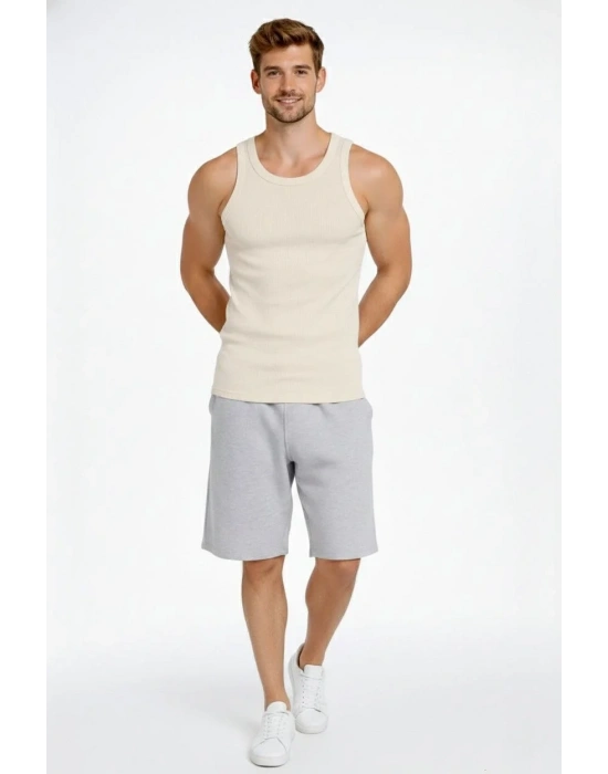 Erkek Fitilli Atlet Sıfır Yaka Slim Fit Arka Baskılı Spor Atlet - Krem