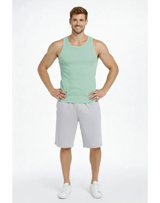 Erkek Fitilli Atlet Sıfır Yaka Slim Fit Arka Baskılı Spor Atlet - Mint Yeşili