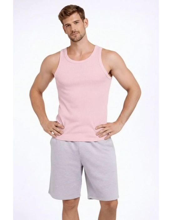 Erkek Fitilli Atlet Sıfır Yaka Slim Fit Arka Baskılı Spor Atlet - Pembe