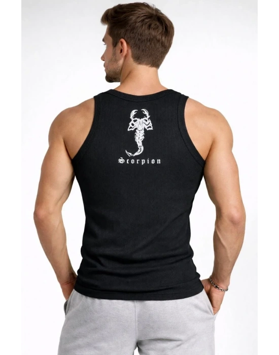 Erkek Fitilli Atlet Sıfır Yaka Slim Fit Arka Baskılı Spor Atlet - Siyah