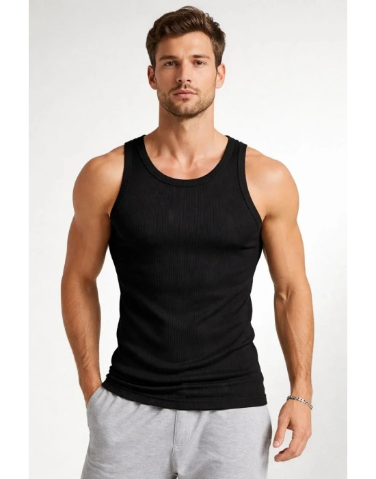 Erkek Fitilli Atlet Sıfır Yaka Slim Fit Arka Baskılı Spor Atlet - Siyah