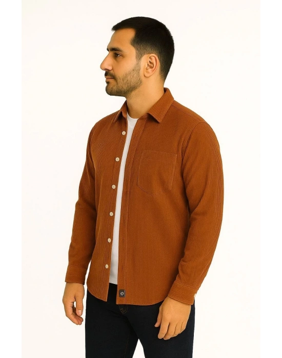 Erkek Fitilli Kadife Cepli Gömlek Oversize Rahat Kalıp - Kahverengi