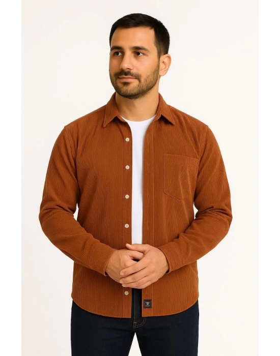 Erkek Fitilli Kadife Cepli Gömlek Oversize Rahat Kalıp - Kahverengi