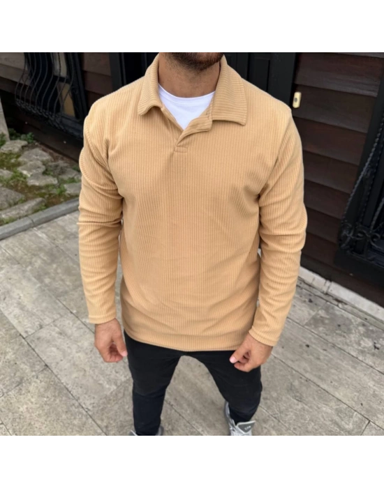 Erkek Fitilli Polar Sweatshirt Düğmesiz Polo Yaka Oversize Kalıp Kalın Polar ve - Bej