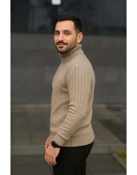 Erkek Fitilli Triko Kazak 2li Set Bej Siyah Regular Balıkcı Yaka Tam Boğazlı Triko Seti