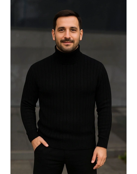 Erkek Fitilli Triko Kazak 2li Set Bordo Siyah Balıkcı Yaka Tam Boğazlı Triko Seti