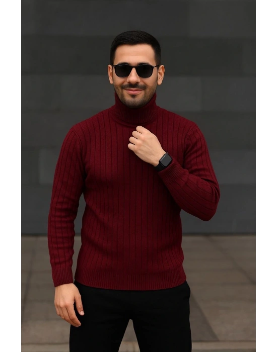 Erkek Fitilli Triko Kazak 2li Set Bordo Siyah Balıkcı Yaka Tam Boğazlı Triko Seti