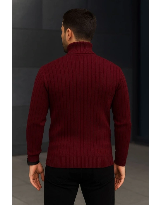 Erkek Fitilli Triko Kazak 2li Set Bordo Siyah Balıkcı Yaka Tam Boğazlı Triko Seti