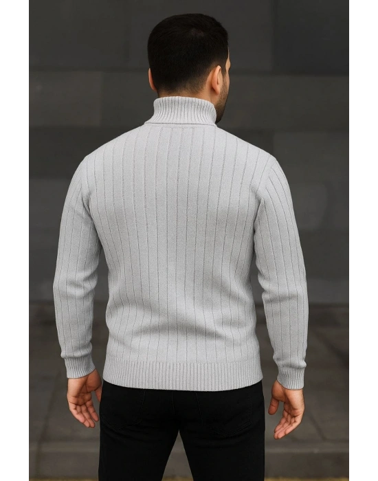 Erkek Fitilli Triko Kazak 2li Set Gri Siyah  Balıkcı Yaka Tam Boğazlı Triko Seti